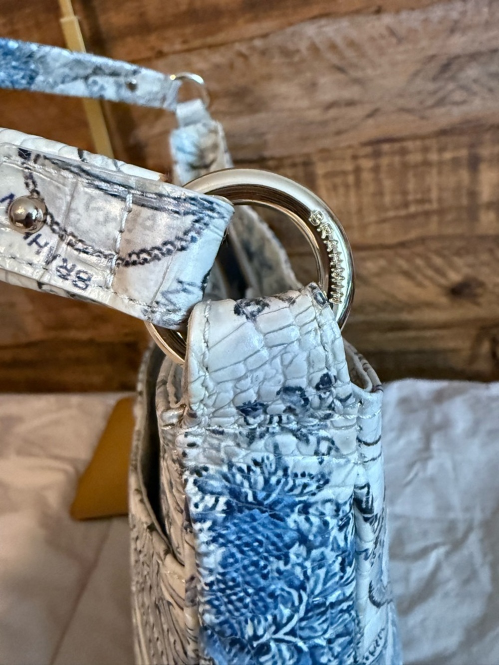 Brahmin Cream and Blue Floral Embossed Shoulder Bag - Picture 7 of 14
